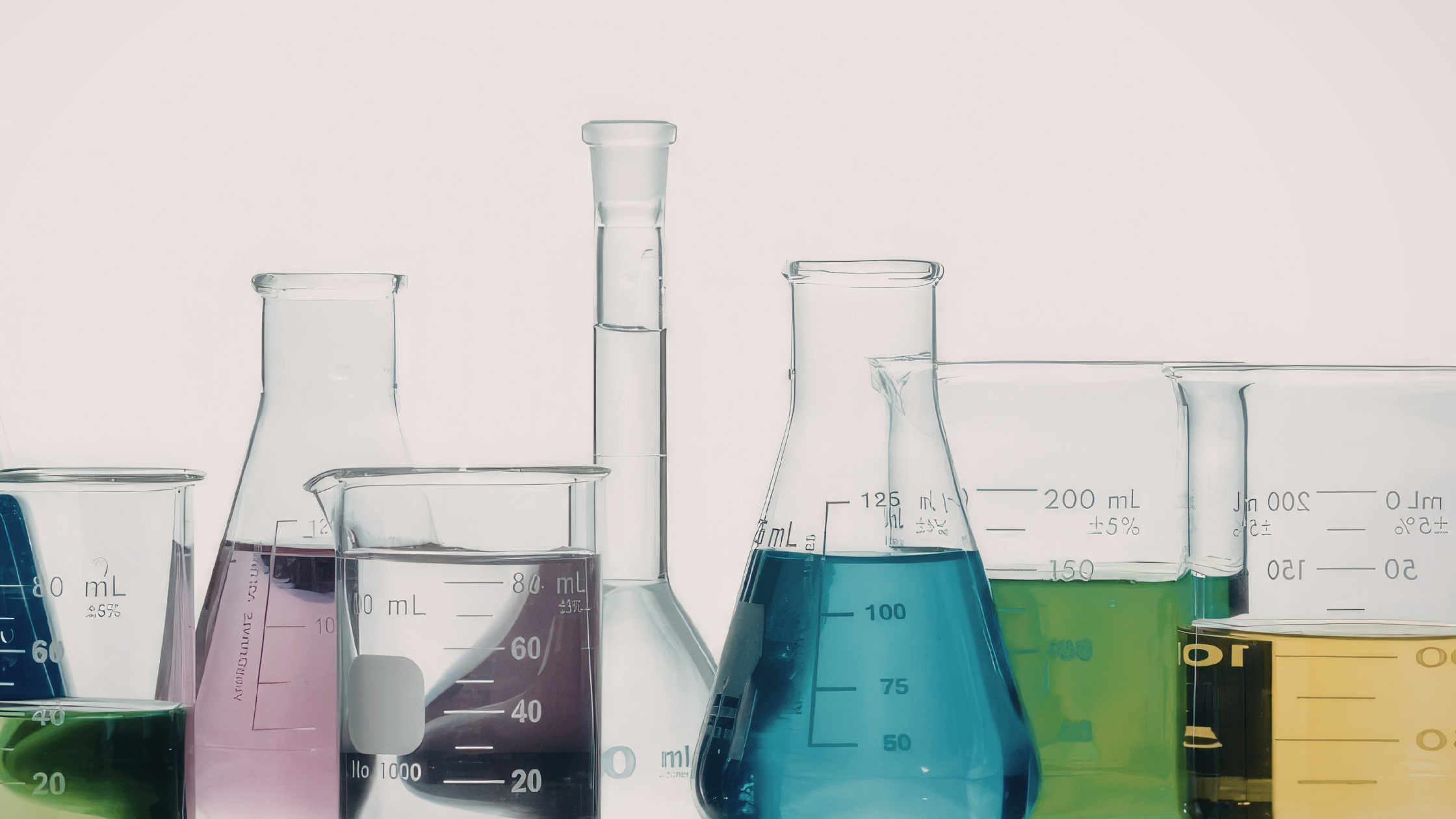 Erivärisillä kemiallisilla nesteillä täytettyjä laboratoriolaseja, kuten keitinlaseja ja erlenmeyereitä, jotka havainnollistavat kemiallisten aineiden ja ammoniakin tutkimusta.