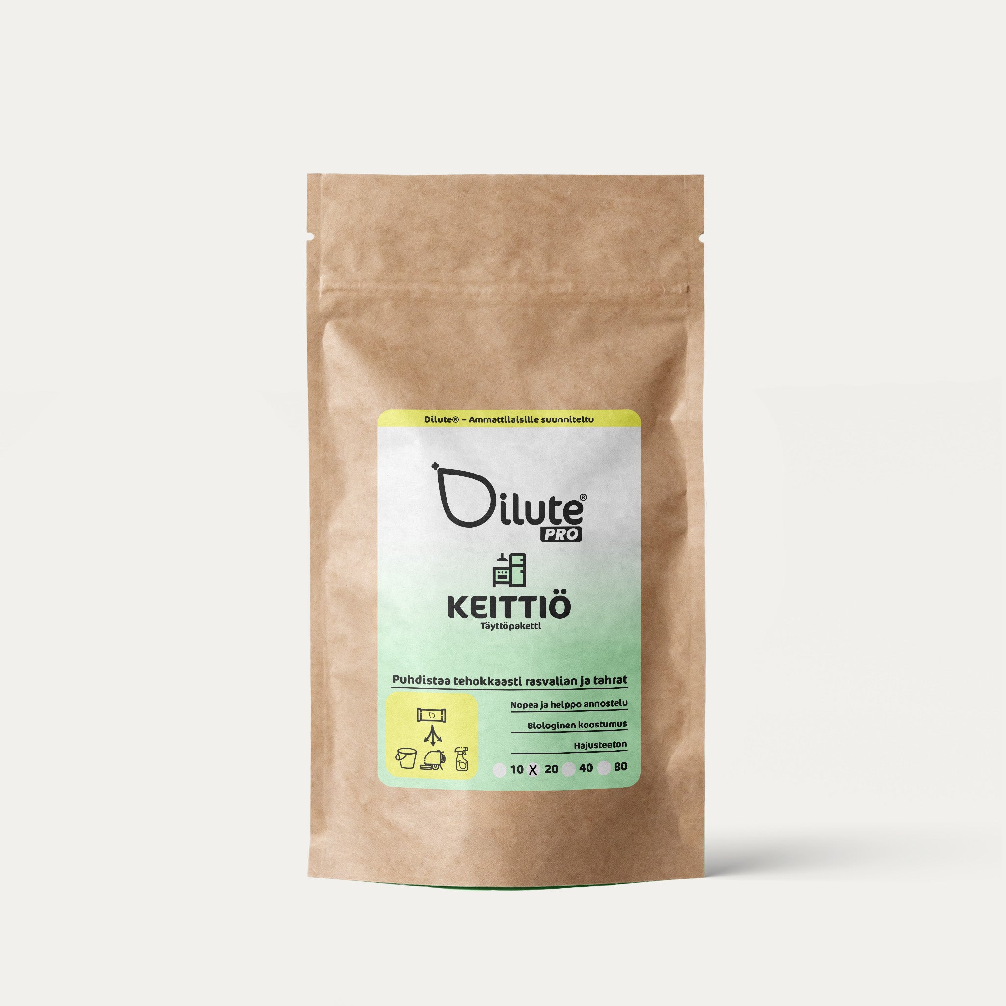 Dilute Pro Keittiö -pesuainetiivisteen täyttöpakkaus studiokuvassa ammattisiivoukseen.