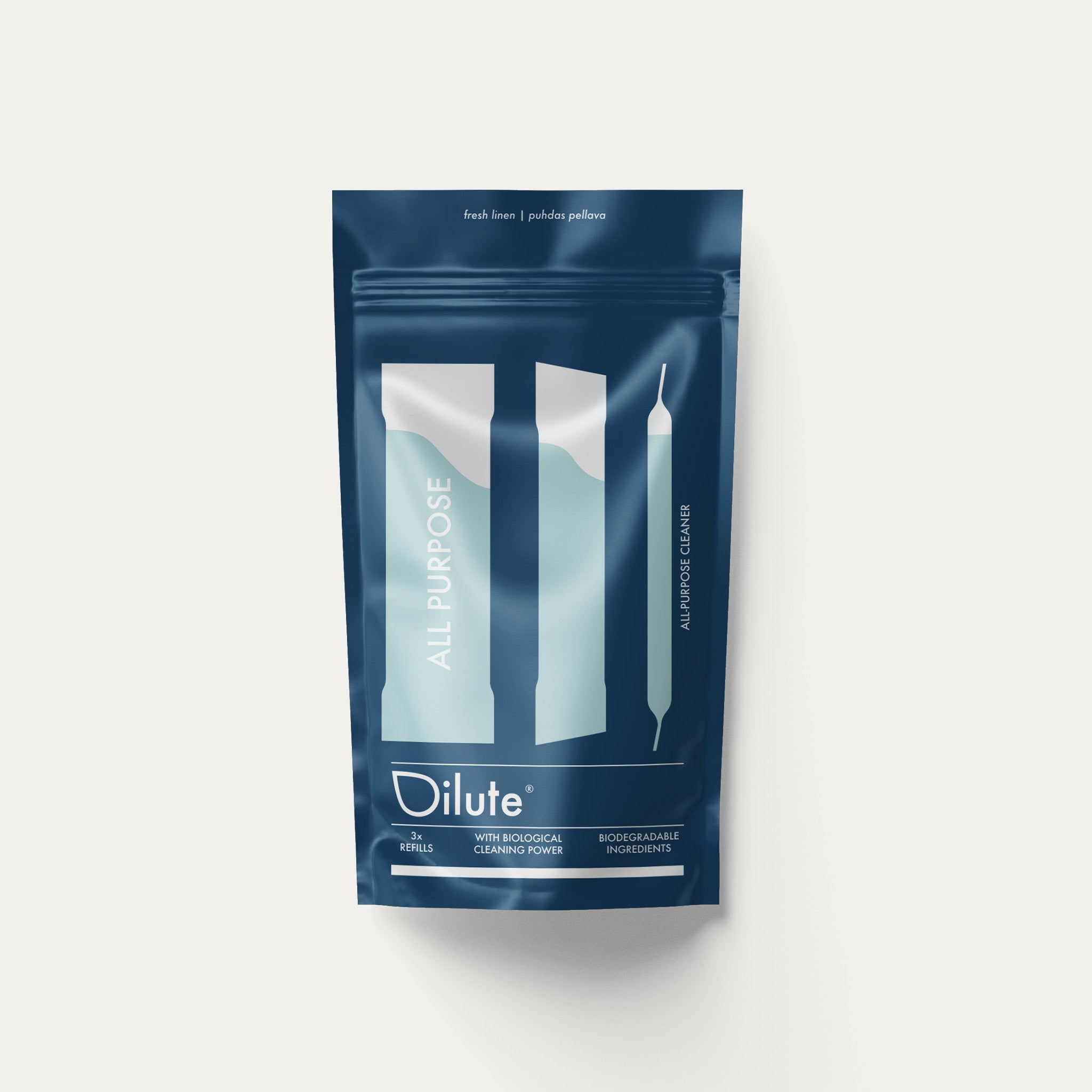 Ekologinen dilute-yleispuhdistusaineen täyttöpakkaus, joka säästää muovia ja luontoa.
