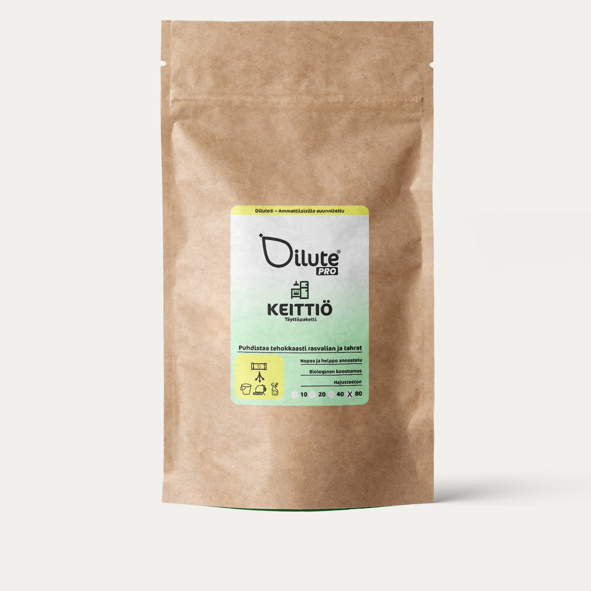 Dilute Pro Keittiö -rasvanpoistoaineen ja keittiöpesuaineen pussi valkoisella taustalla.
