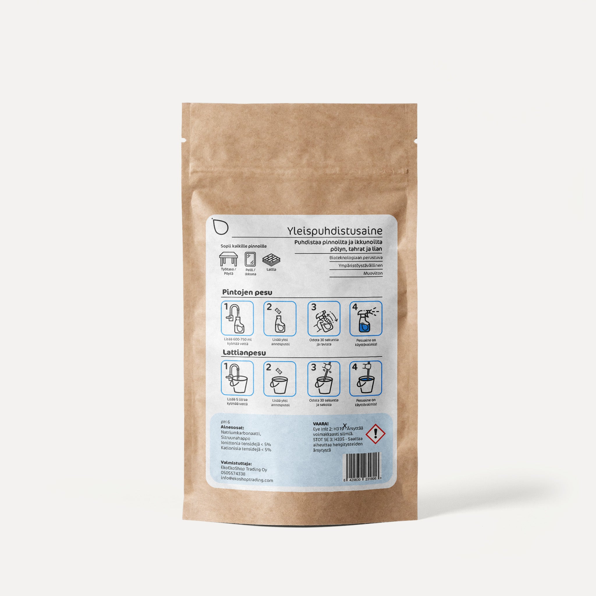 Dilute Pro Yleis -tiivistepussien tuotepaketin takasivu, jossa on suomenkieliset käyttöohjeet ja tuotetiedot.