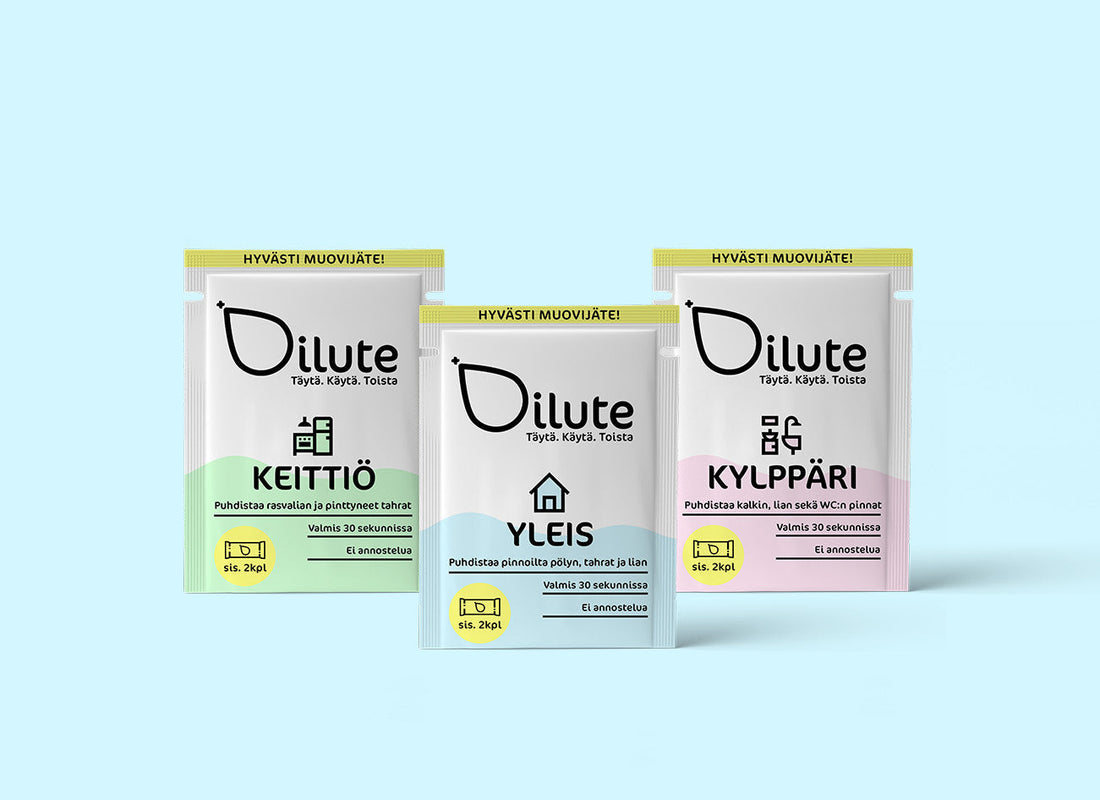 Dilute-pesuainepussit keittiöön, yleisiin tiloihin ja kylpyhuoneeseen, nopea ja ekologinen ratkaisu tehokkaaseen siivoukseen.