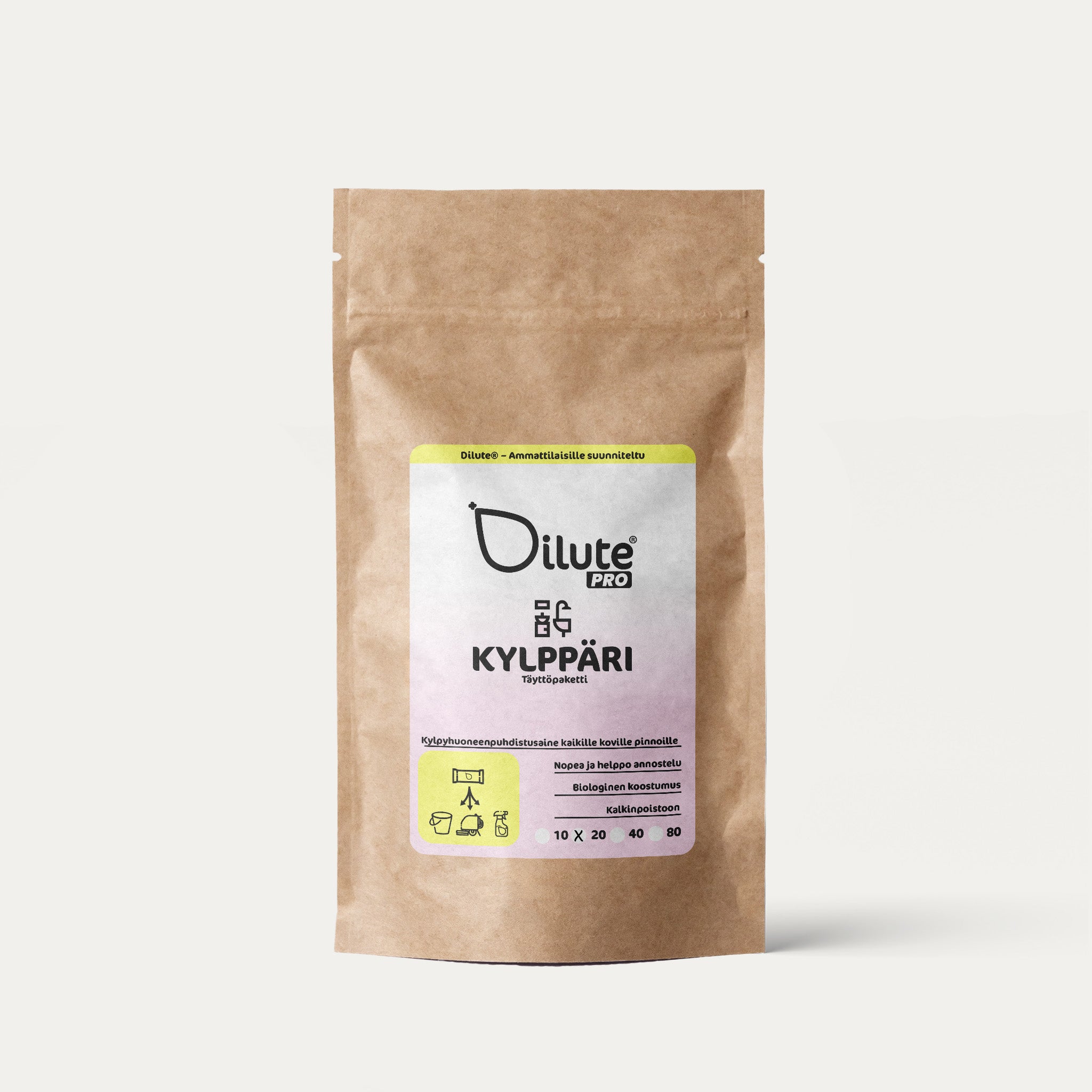 Dilute Pro Kylppäri -kylpyhuoneen pesuainetiivisteen täyttöpakkaus valkoisella taustalla.