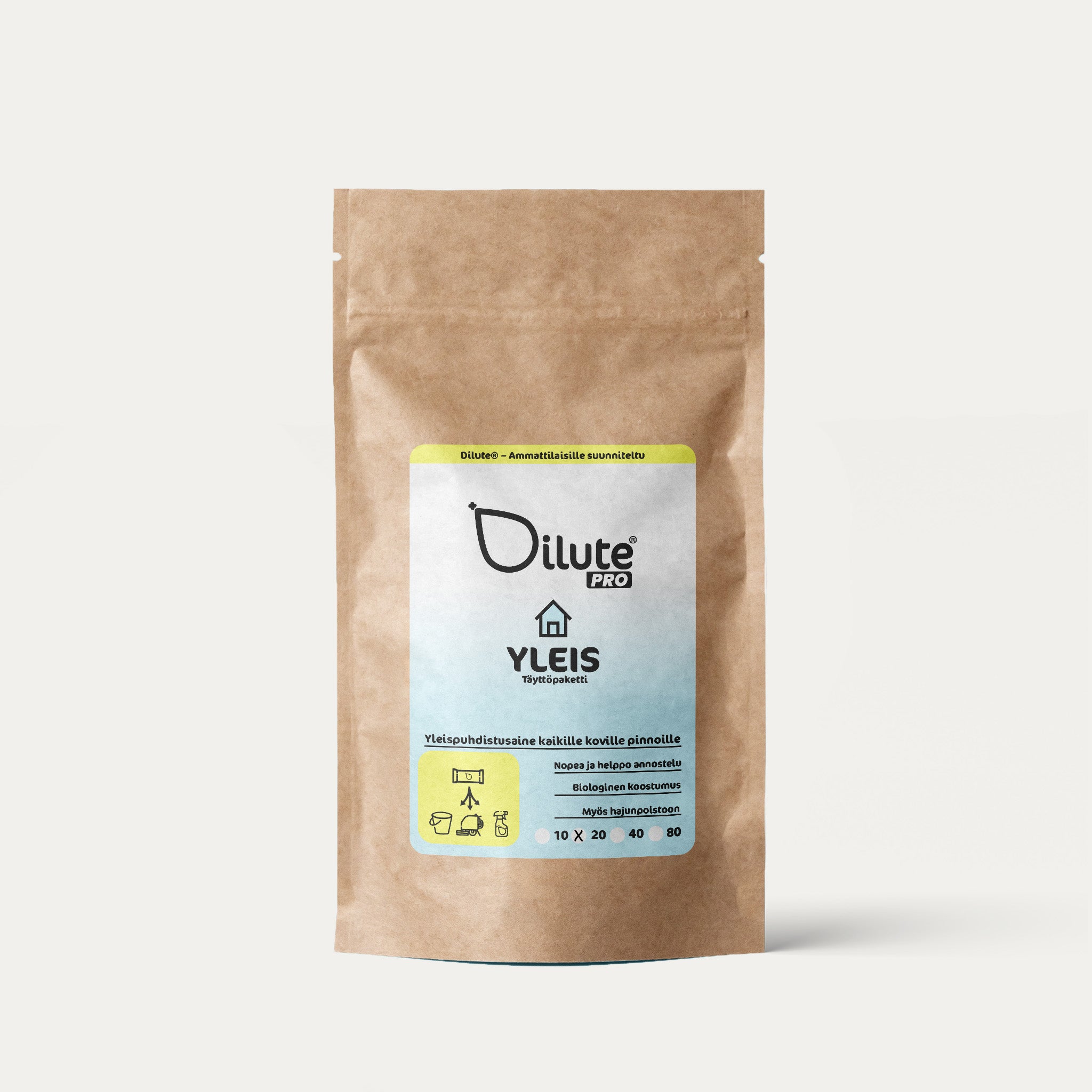 Dilute Pro Yleis -yleispesuaineen tiivistepakkaus studiokuvassa ammattisiivoukseen.