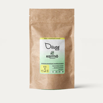 Dilute Pro keittiöpuhdistusaine refill-pakkaus – ekologinen täyttöratkaisu ammattikäyttöön, helppo annostelu ja tehokas rasvanpoisto ilman kertakäyttömuovia.