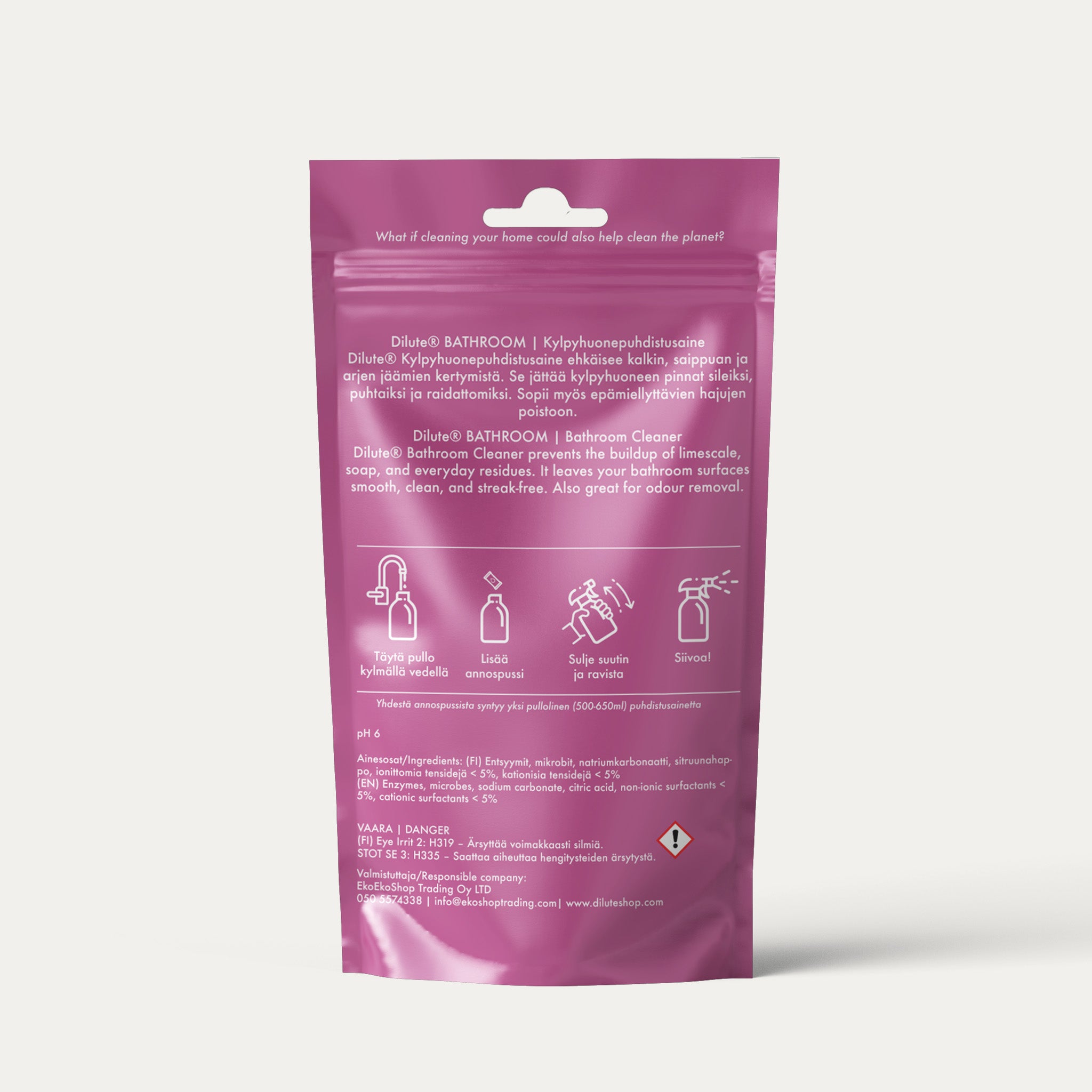 Ekologinen Dilute-kylpyhuoneen puhdistusaineen täyttöpakkaus: sisältää entsyymejä, mikrobeja ja sitruunahappoa, pH 6