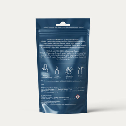 dilute-yleispuhdistusaineen täyttöpakkauksen takaosa, josta löytyvät tuoteseloste, käyttöohjeet ja ainesosat.