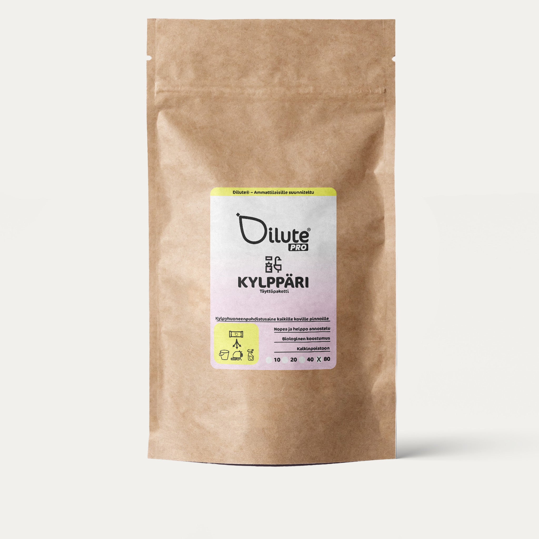 Dilute Pro Kylppäri -kylpyhuoneen puhdistusainepussi studiokuvassa ammattisiivoukseen.