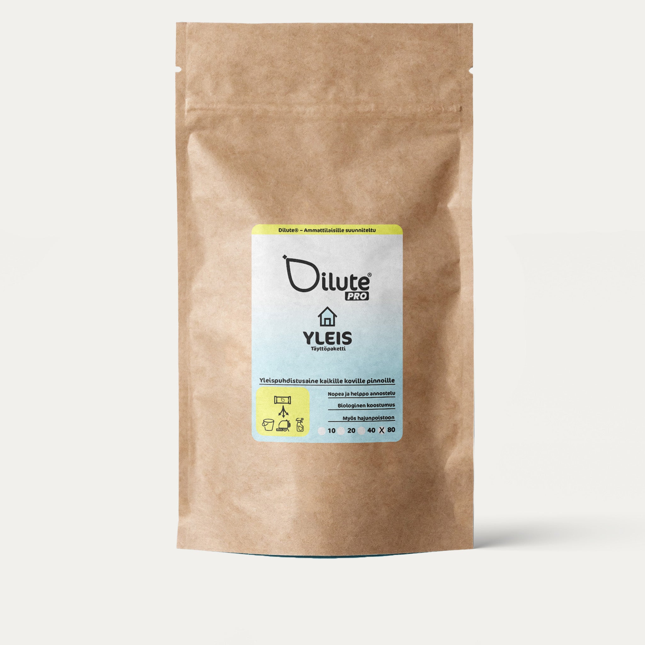 Dilute Pro Yleispesuaine -ph-neutraali yleispuhdistusainetiiviste valkoisella taustalla.