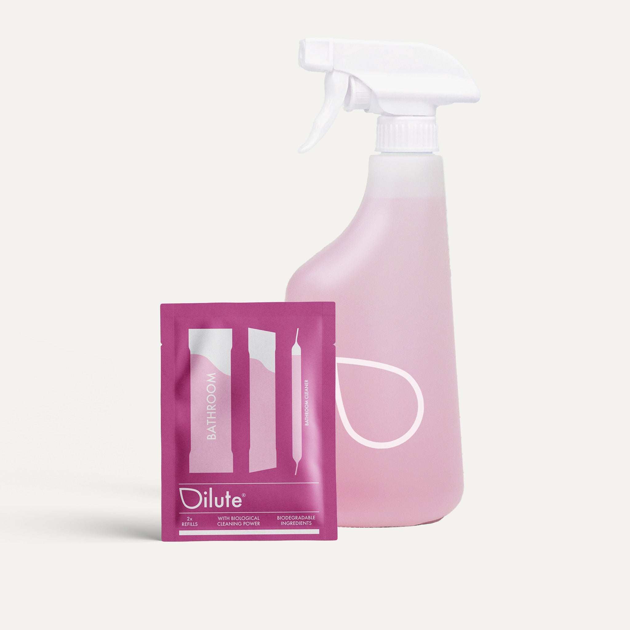 dilute® ekologinen kylpyhuoneen puhdistusainetiiviste tyylikkäässä, uudelleentäytettävässä suihkupullossa.