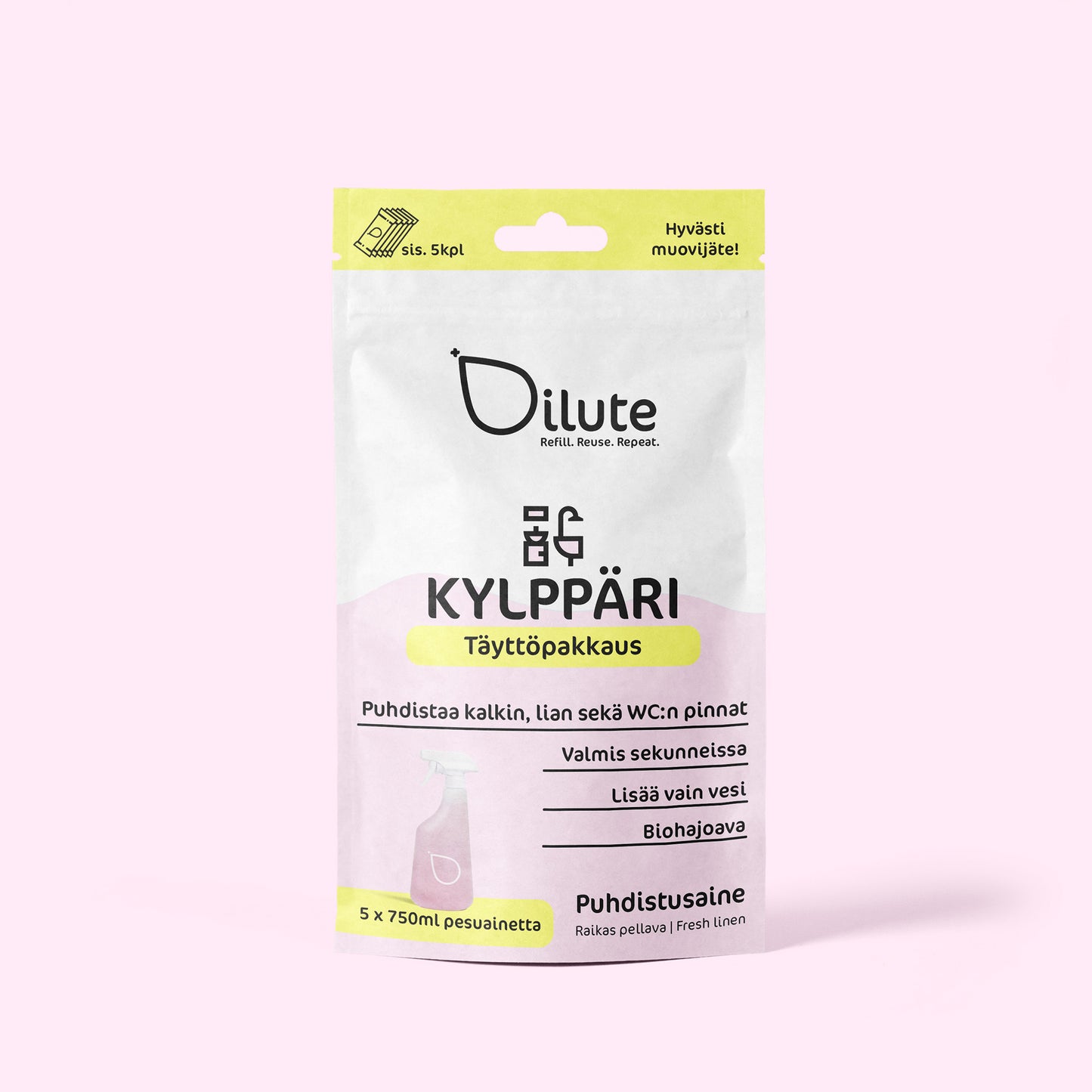 Tehokas kylpyhuoneen puhdistusaine. Uudelleentäytettävä, refillable, puhdistusaine, cleaning spray. Ekologinen,  vegaaninen, biohajoava, kalkinpoistaja.