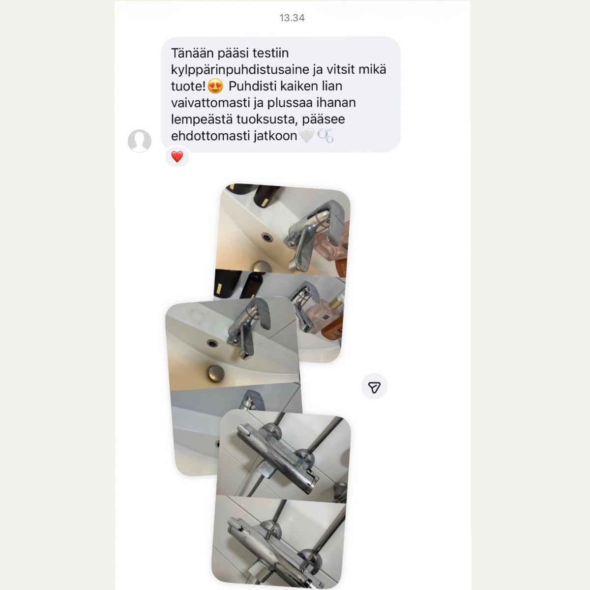 Asiakkaan kokemus Dilute Kylpyhuoneen puhdistusaineesta sekä ennen-jälkeen-kuvat kalkkisten hanojen puhdistuksesta.
