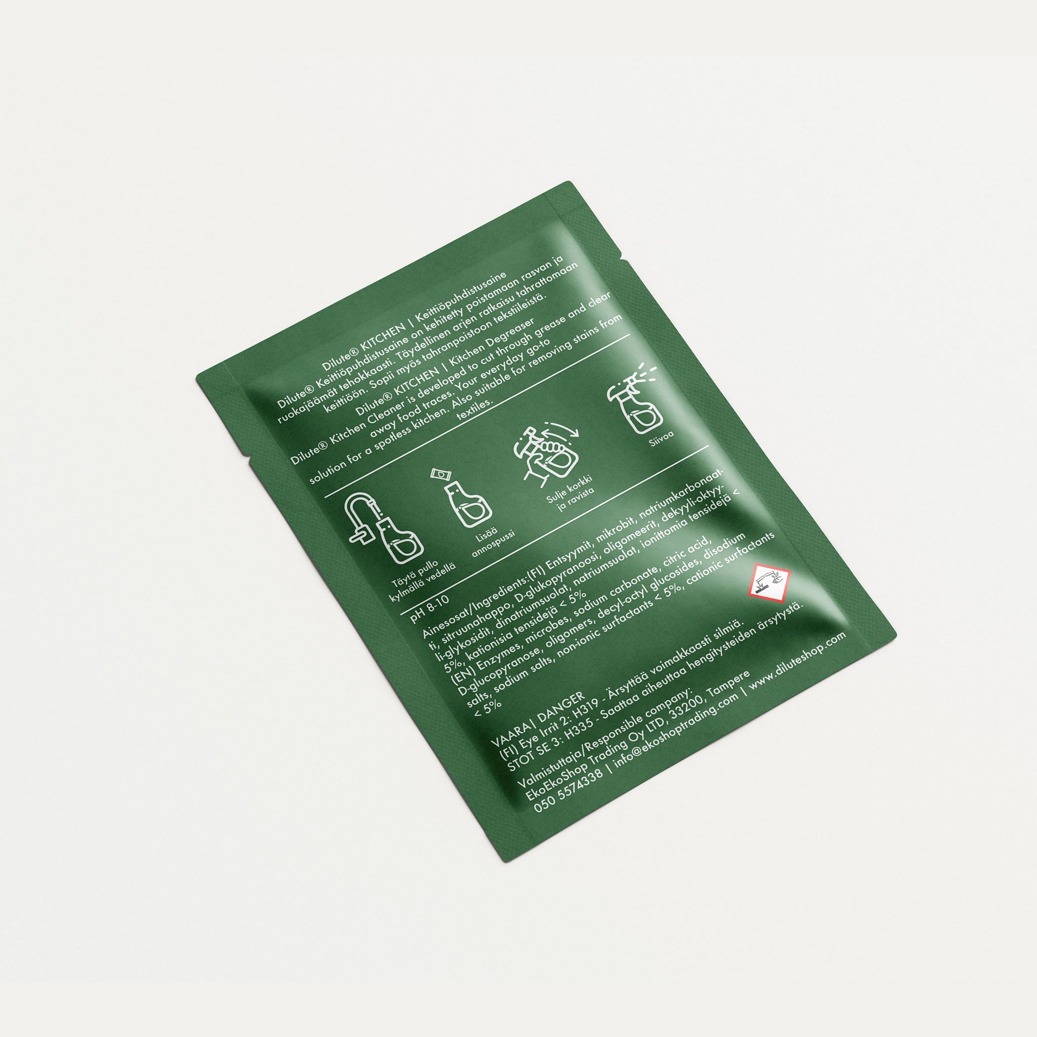 Kierrätettävä dilute-keittiö puhdistusaine täyttöpakkaus, joka vähentää muovijätettä ja kuljetuspäästöjä.