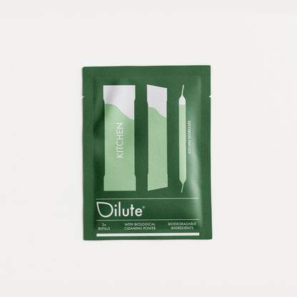 Muoviton siivous dilute-konseptilla: täytettävä suihkupullo ja tiivisteannospussi.