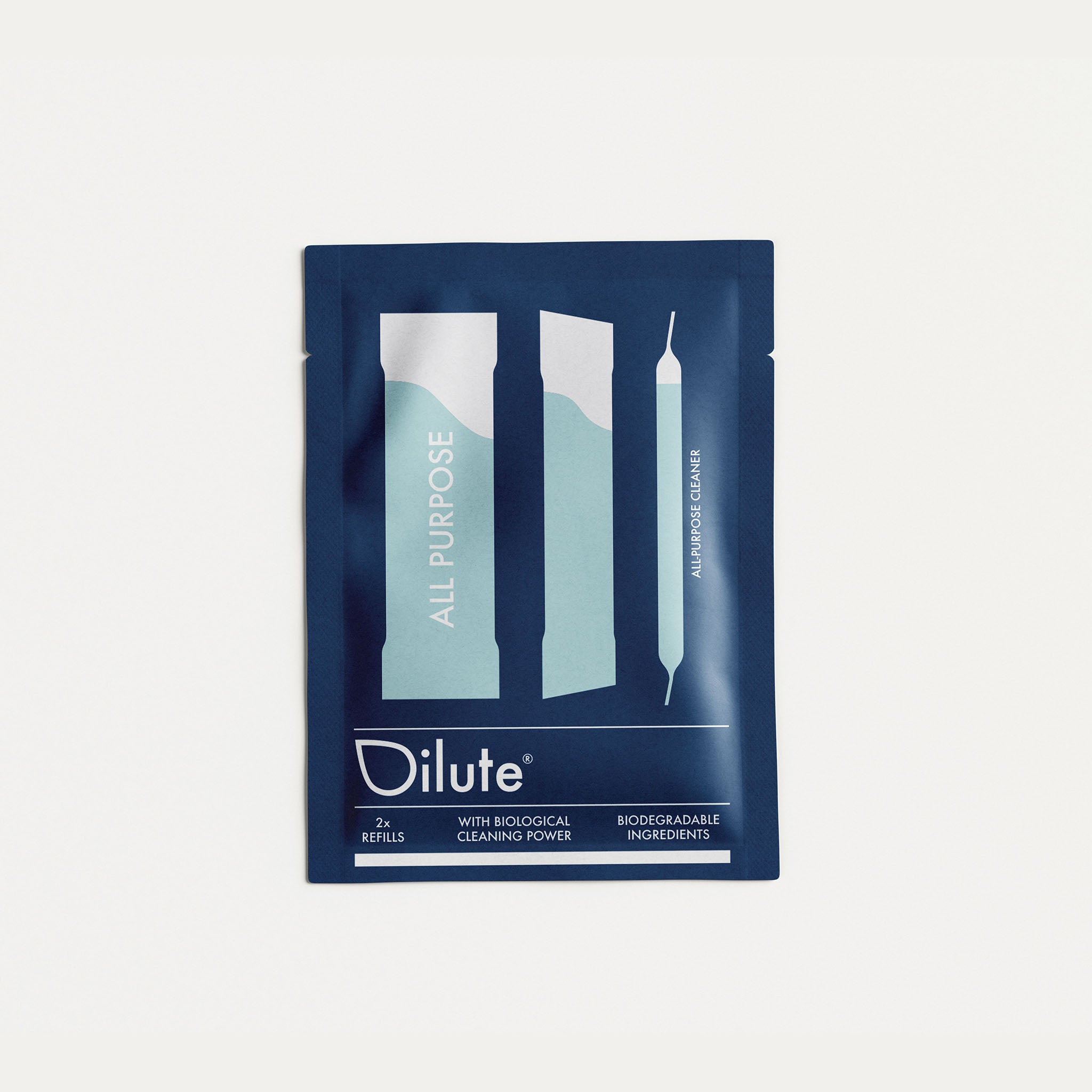 Dilute-yleispuhdistusaineen täyttöpaketti, jossa on kaksi annosta tiivistettä. Pakkauksen tiedot mainitsevat biohajoavat ainesosat ja biologisen puhdistustehon.
