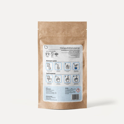 Dilute Pro Yleis -tiivistepussien tuotepaketin takasivu, jossa on suomenkieliset käyttöohjeet ja tuotetiedot.